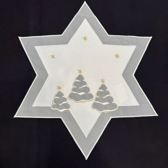 Set 2 German Embroidered Christmas Table Mats 15” Star Shaped Trees Gold Thread - Picture 2 of 5